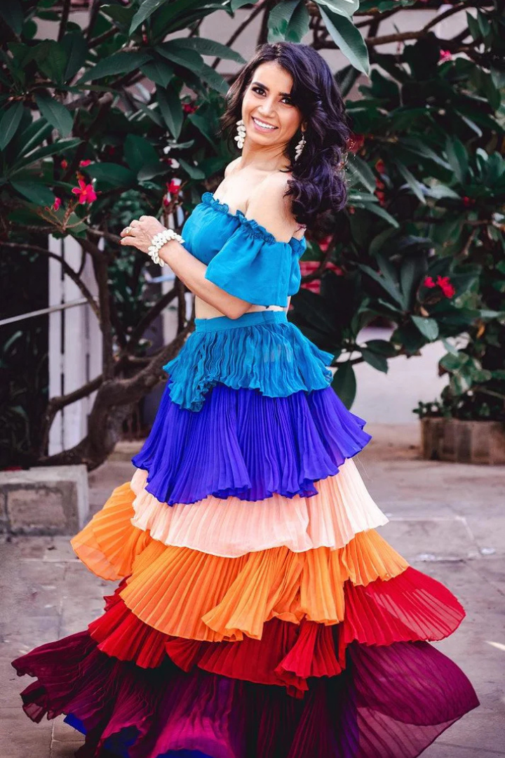 Multi Colour Crop Top And Skirt