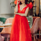 Red Shoulder Ruffle Gown