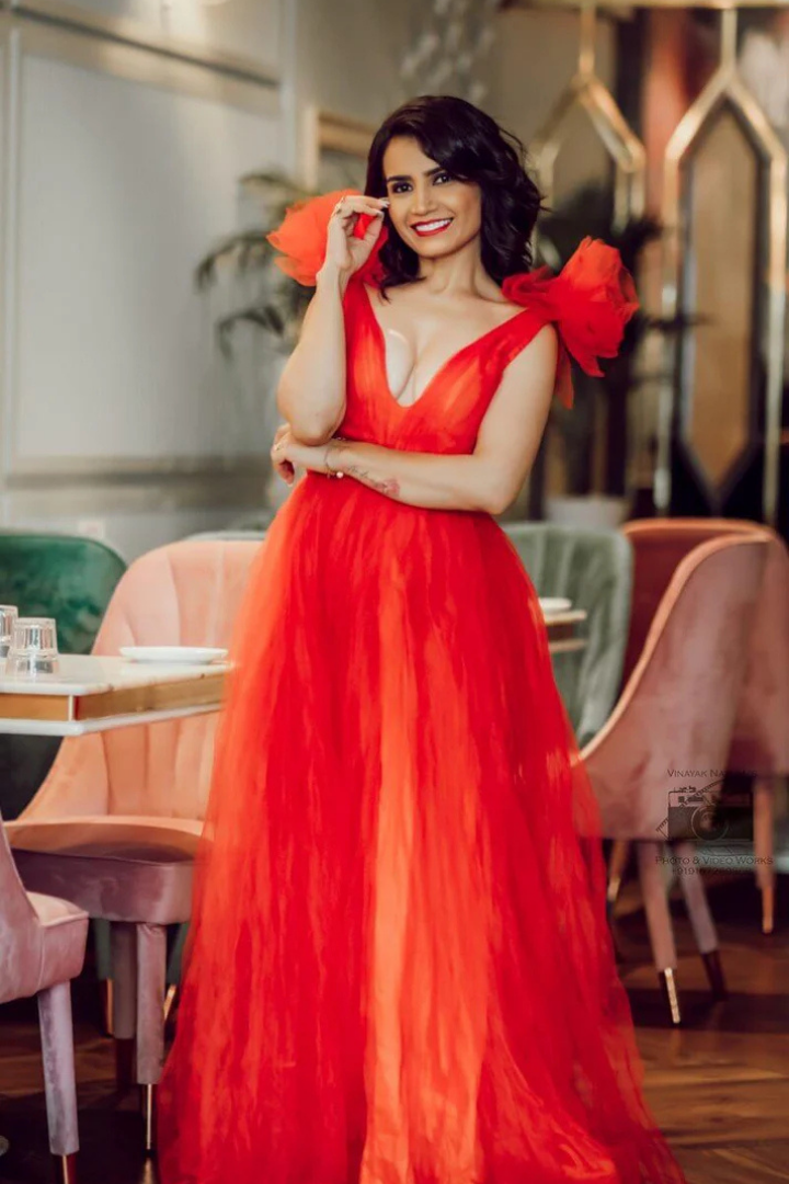 Red Shoulder Ruffle Gown