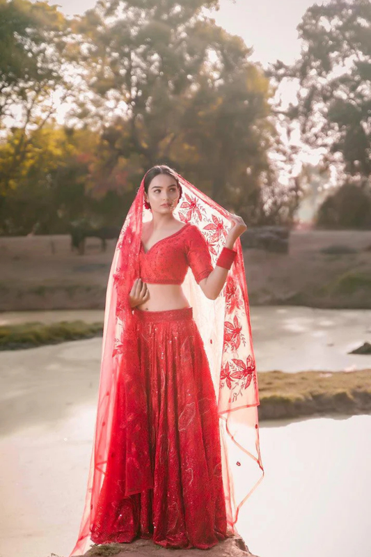 Red Net Sequence Embroidery Lehenga