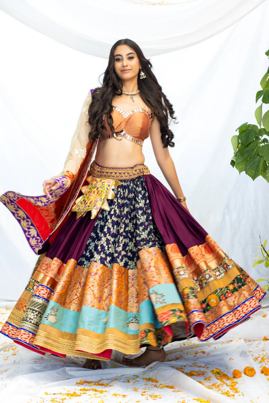 Banarasi Silk Lehenga with Pink Shimmer, Mirror Blouse & Organza Dupatta