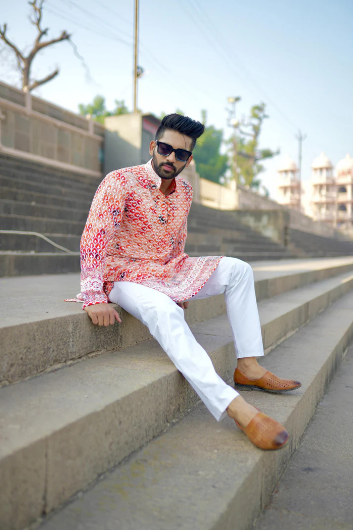 Anar - Orange Batik with White Embroidery Rayon Kurta