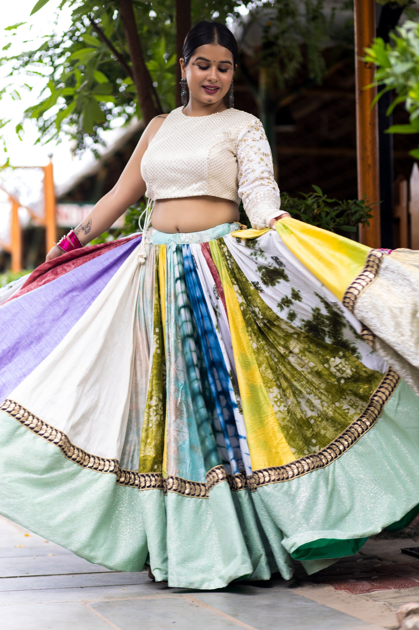 Multicolor Silk Lehenga with Golden Sequin Blouse and Dupatta