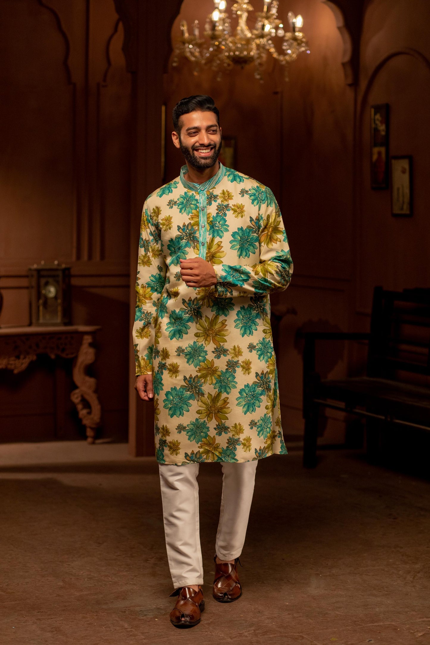 Beige Cerulean Floral Kurta