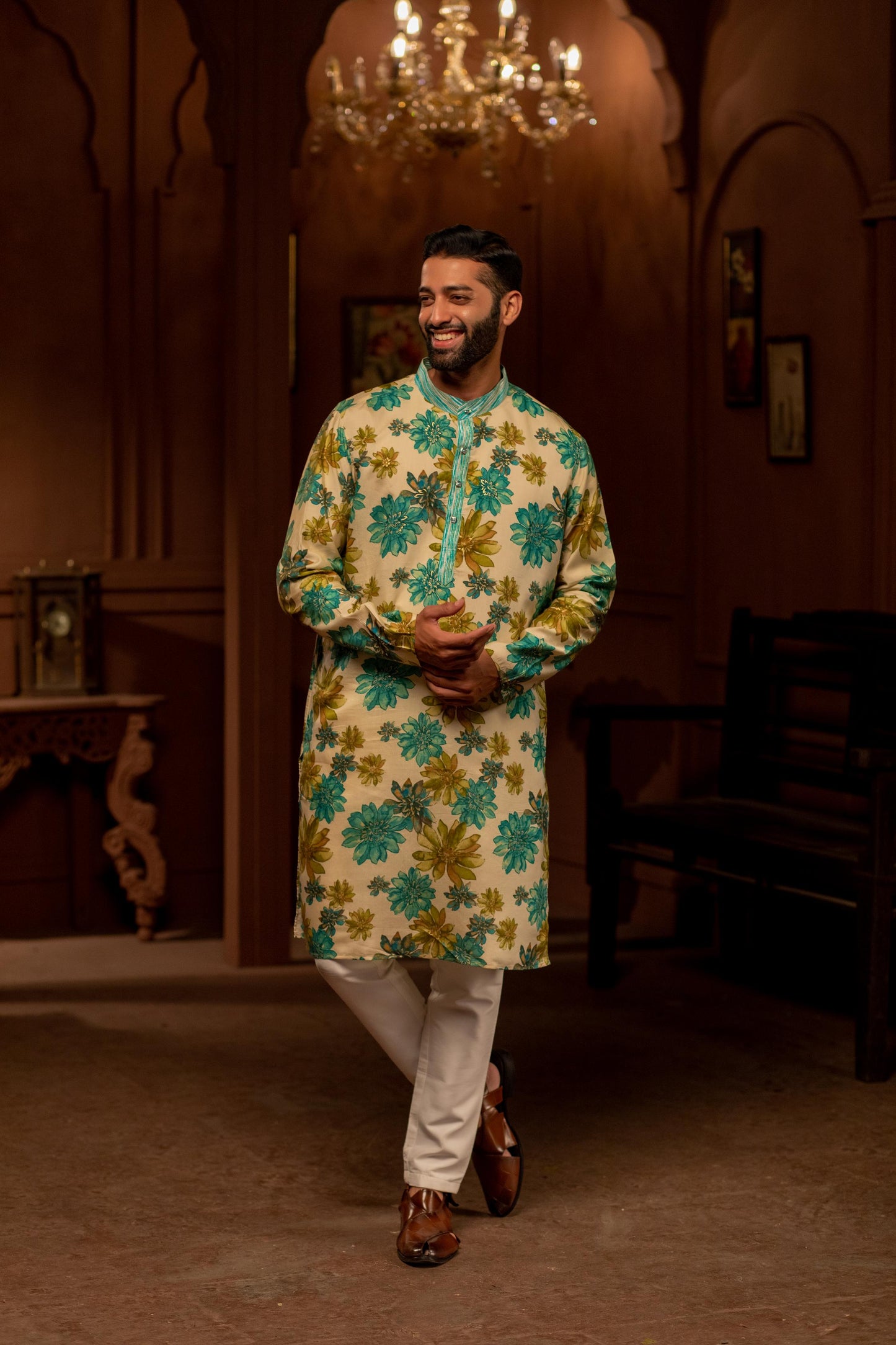 Beige Cerulean Floral Kurta