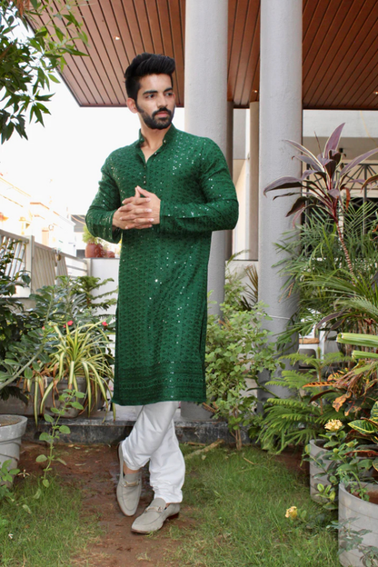 Green Self-Embroidered Kurta with Sequence