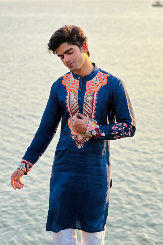 Bice Blue Kashmiri Work Men's Kurta