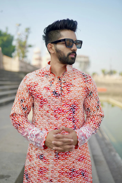 Anar - Orange Batik with White Embroidery Rayon Kurta