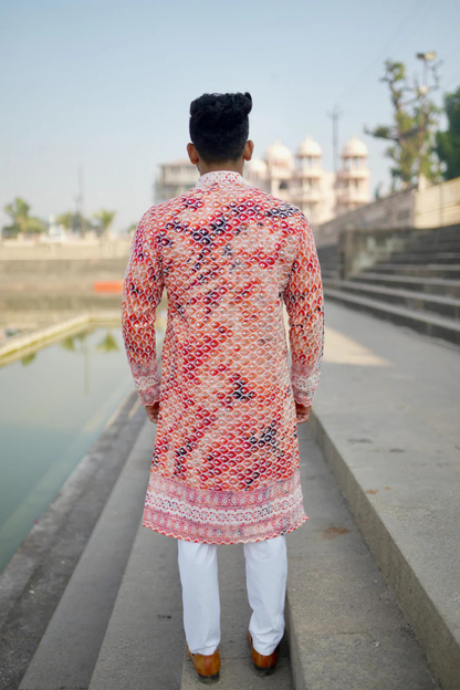 Anar - Orange Batik with White Embroidery Rayon Kurta