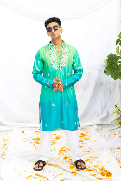 Green Shaded Silk Kurta with Elegant Mirror Yoke