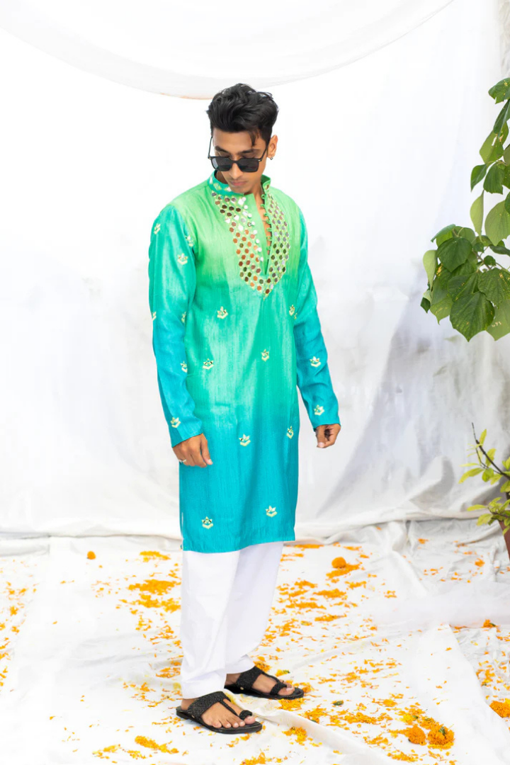 Green Shaded Silk Kurta with Elegant Mirror Yoke