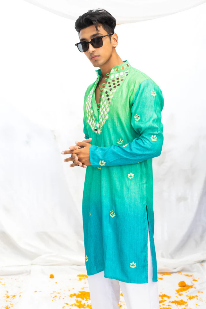 Green Shaded Silk Kurta with Elegant Mirror Yoke