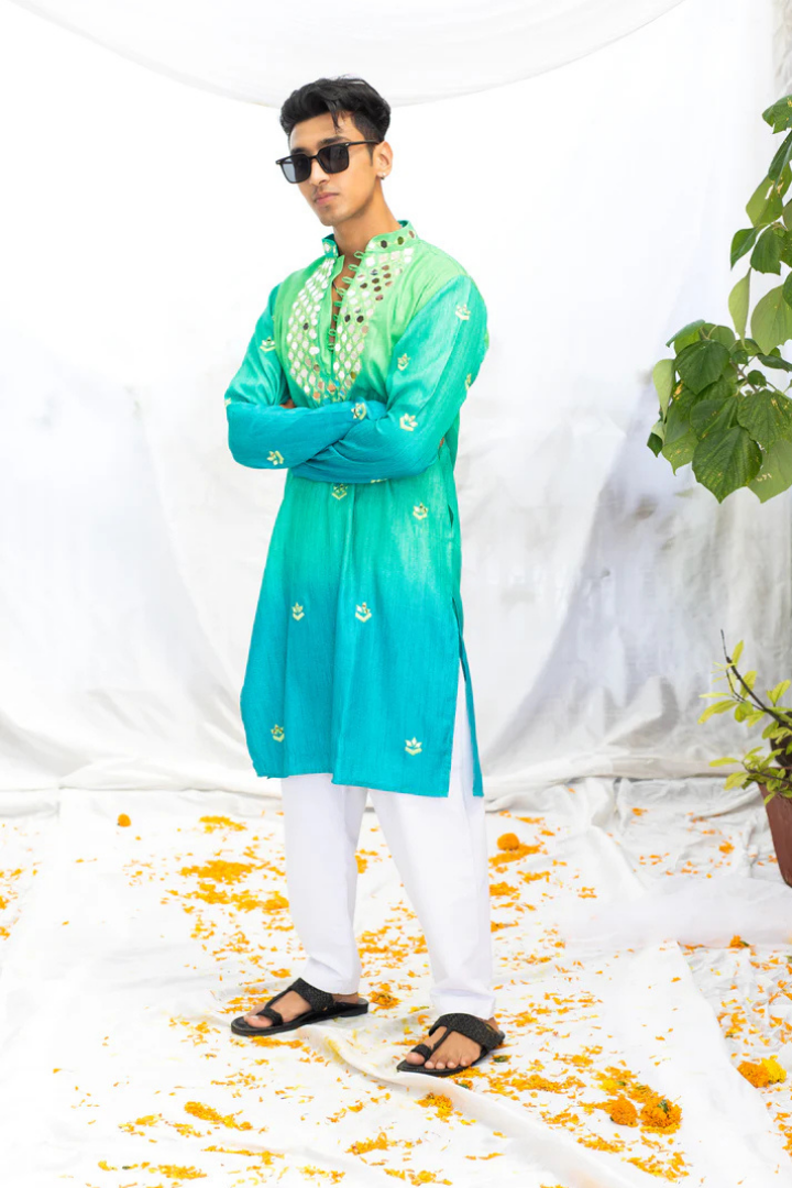 Green Shaded Silk Kurta with Elegant Mirror Yoke