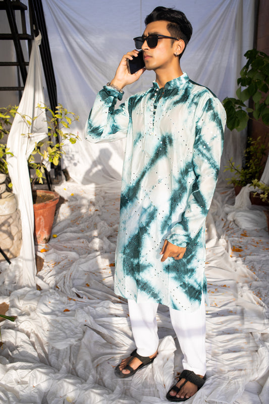 Rama Green Tie & Dye Batik Kurta with Mirror Checks