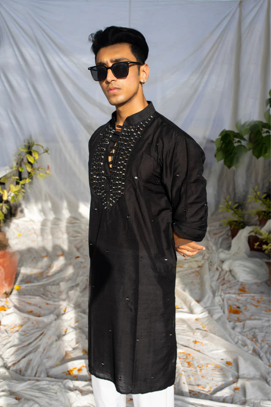 Handcrafted Black Silk Kurta with Yoke Mirror Work