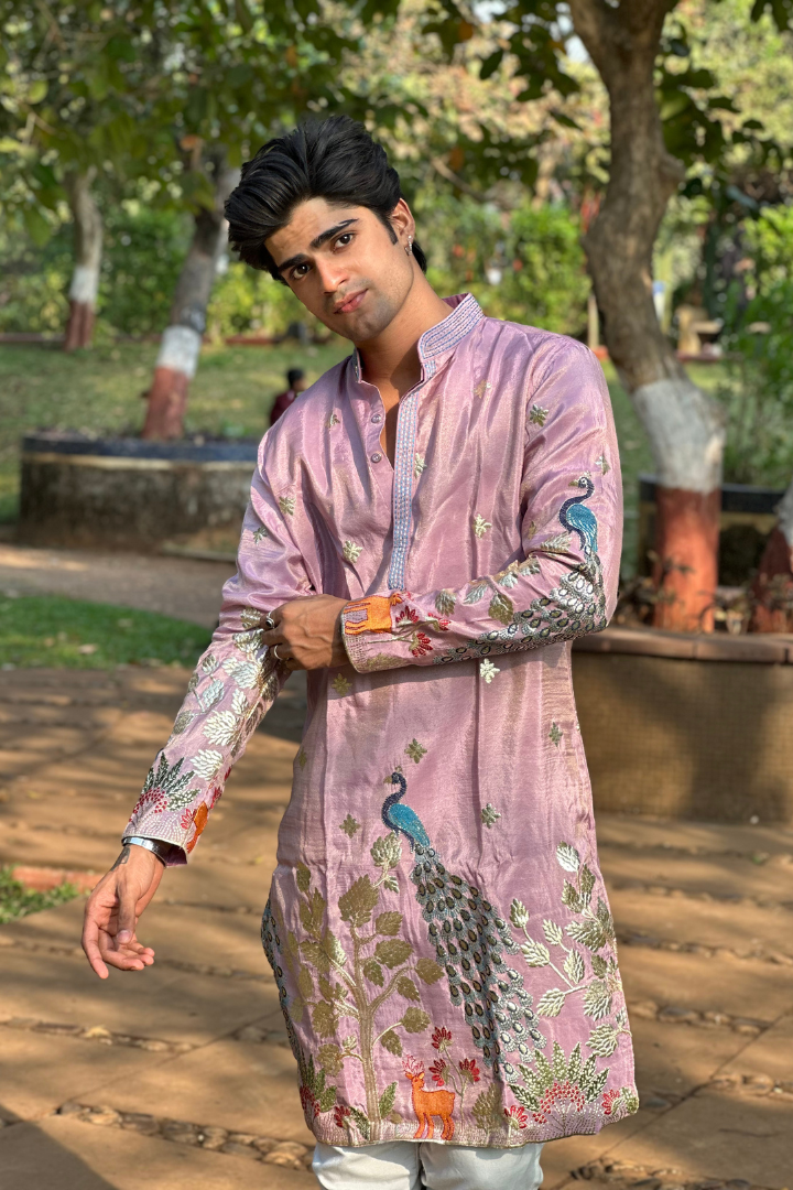 Rose Purple Kurta with Elegant Deer and Peacock Motifs