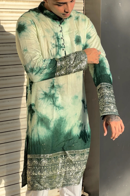 Handcrafted Green Tie & Dye Kurta with Exquisite Borders