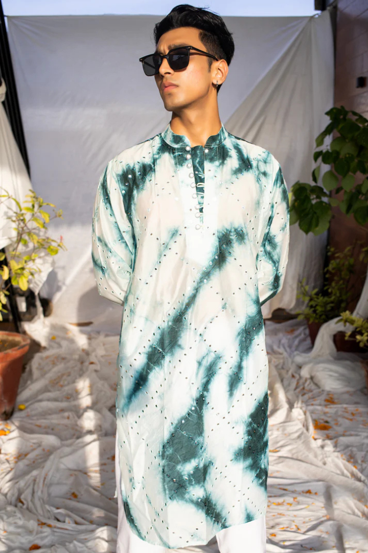 Rama Green Tie & Dye Batik Kurta with Mirror Checks