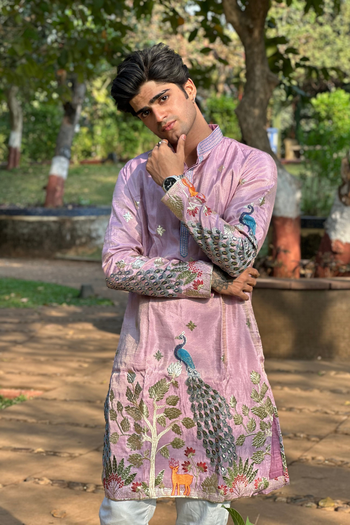 Rose Purple Kurta with Elegant Deer and Peacock Motifs