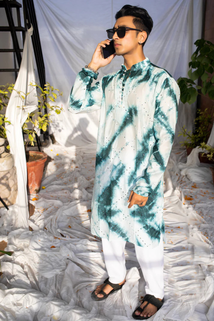 Rama Green Tie & Dye Batik Kurta with Mirror Checks