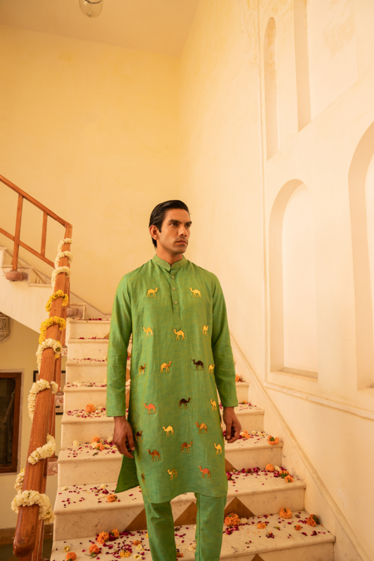 Opulent Avocado Green Crystal Mirror Kurta Set