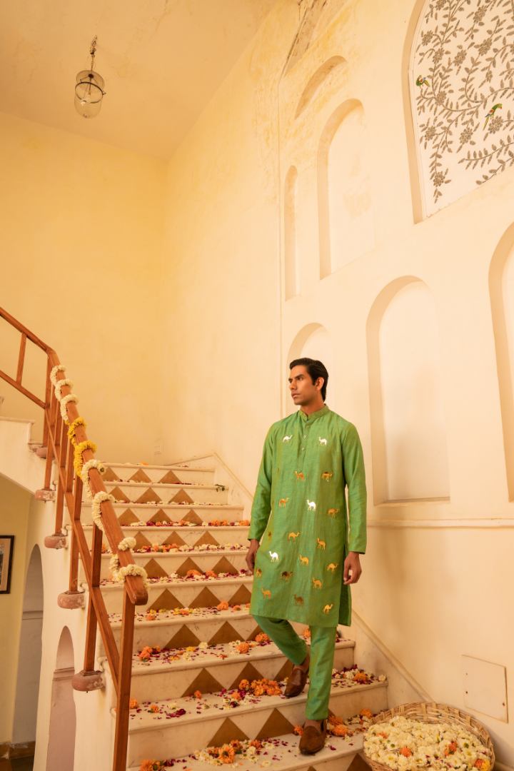 Opulent Avocado Green Crystal Mirror Kurta Set