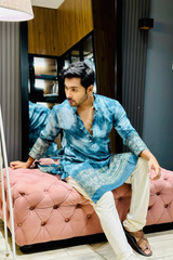 Men's Blue Tie & Dye Kurta in Exquisite Border Chander Silk