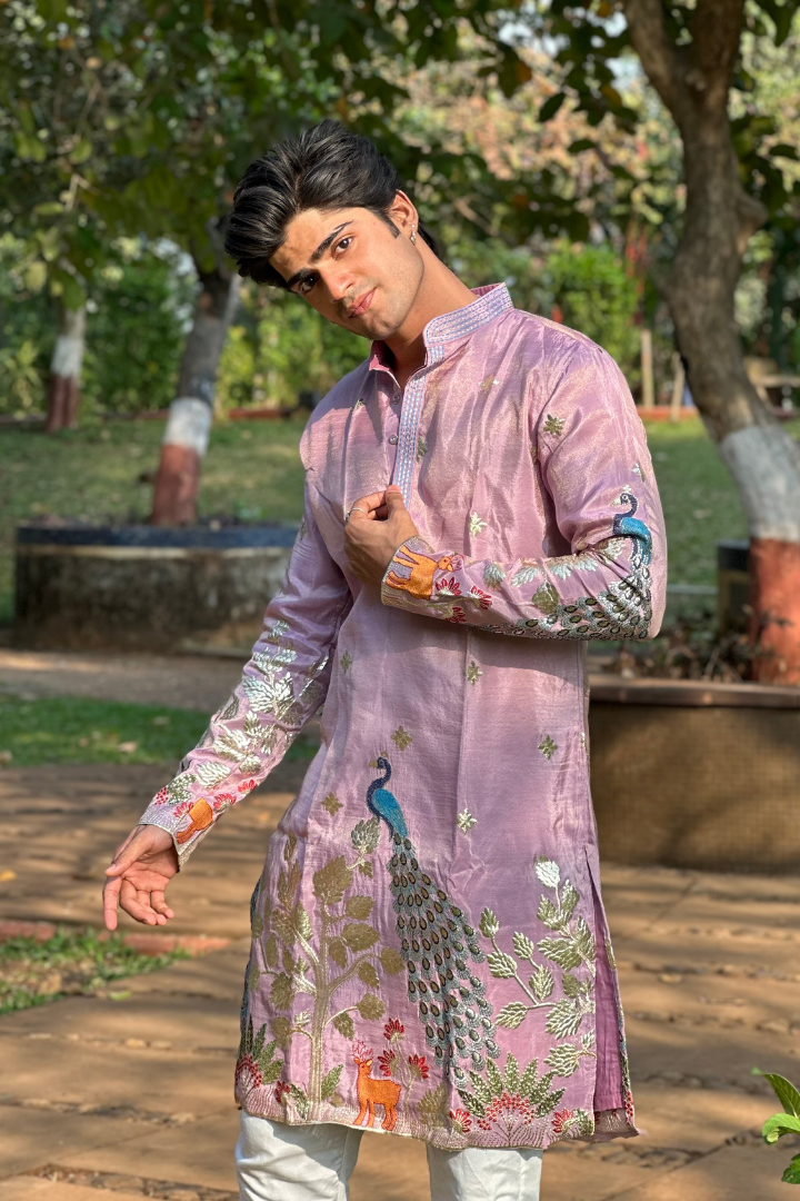 Rose Purple Kurta with Elegant Deer and Peacock Motifs