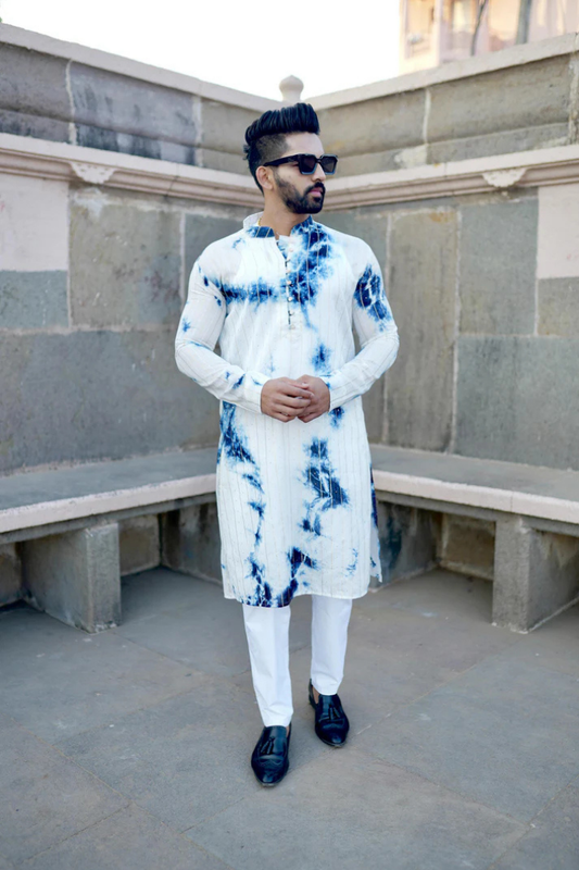 Nila-Wala Safed Chanderi Silk Tie & Dye Kurta