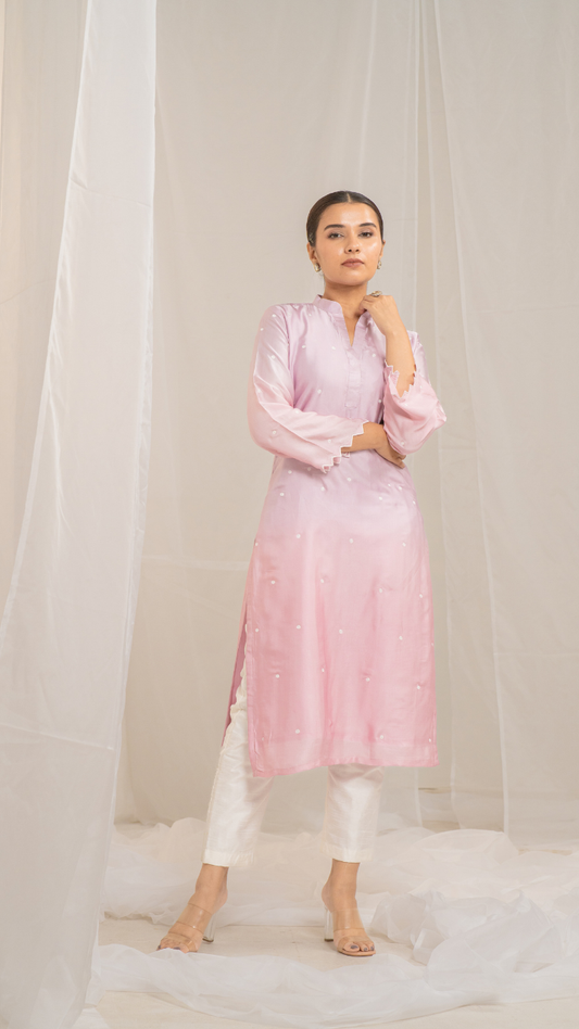 Pink Cotton Modal Satin Haryali Kurta Pant Set