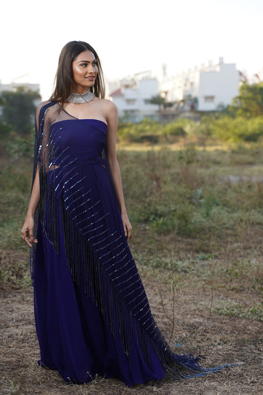 Blue Georgette Gown with Tassels Cape