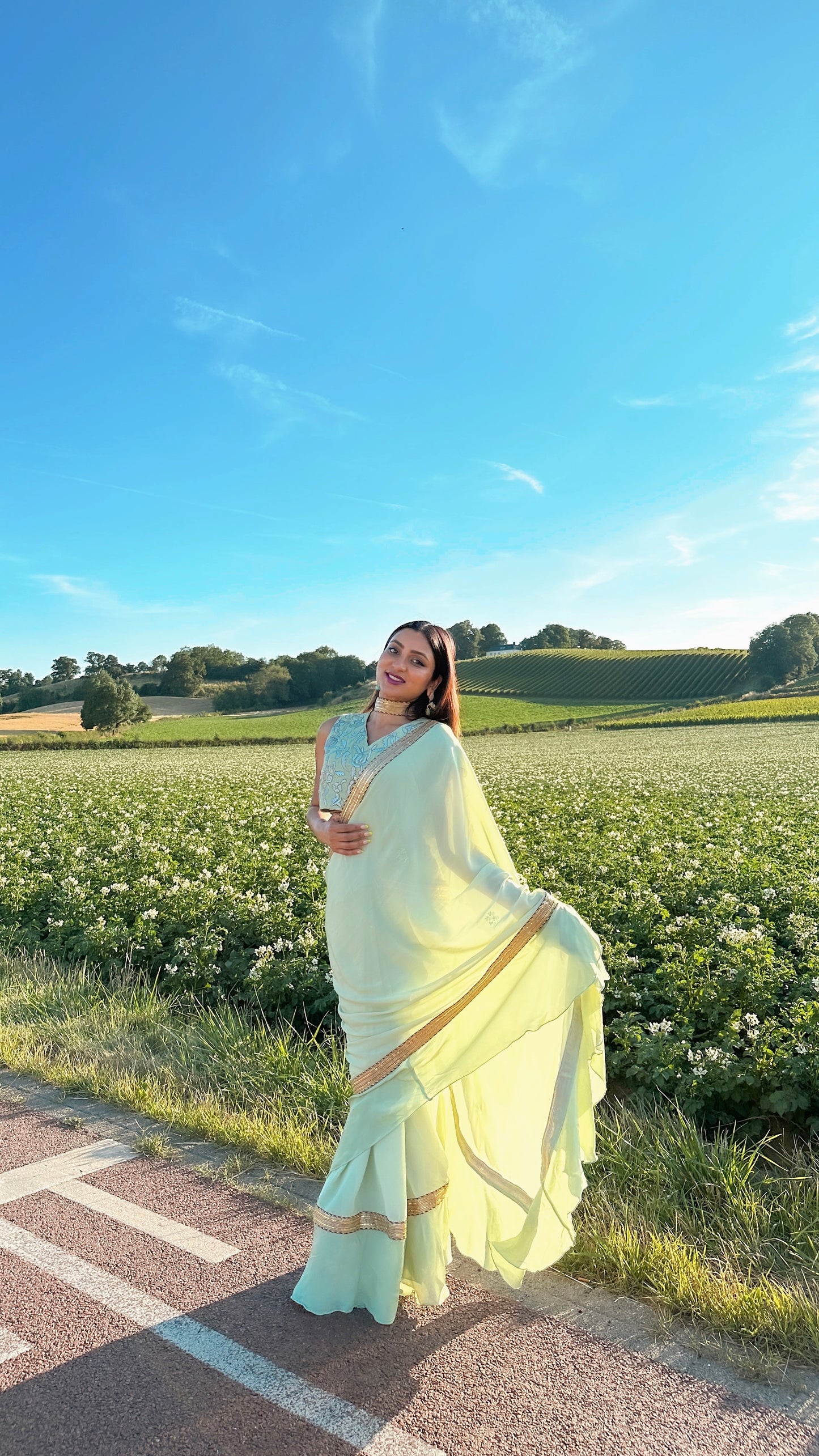 Ruffled Chiffon Saree and Exquisite Silk Blouse with Collar Embellishments