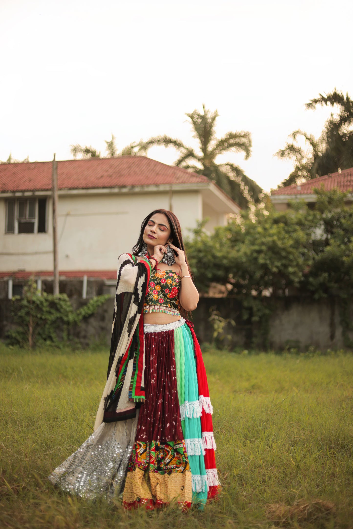 Floral Blouse with Vibrant Lehenga & Chiffon Dupatta