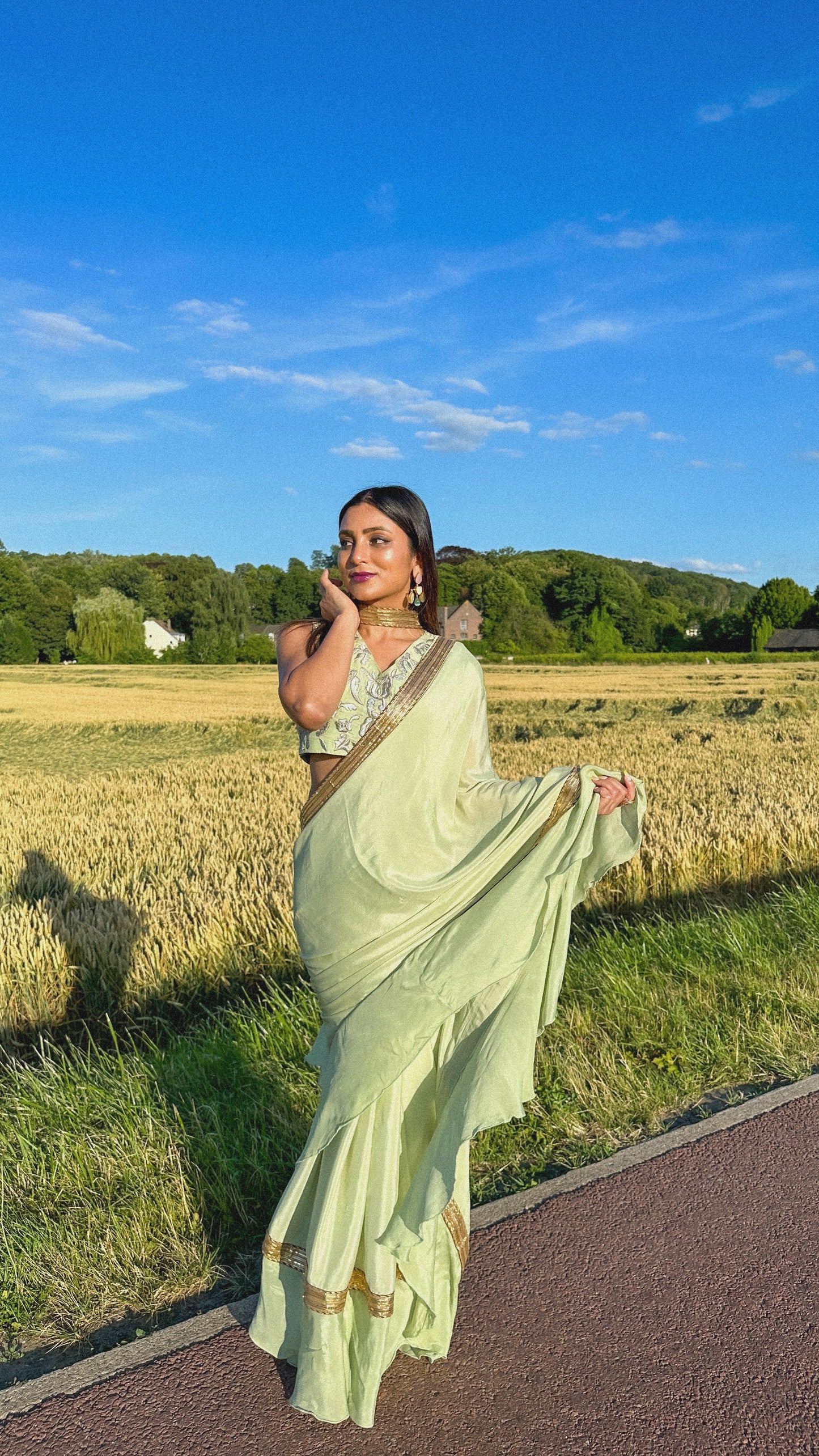 Ruffled Chiffon Saree and Exquisite Silk Blouse with Collar Embellishments