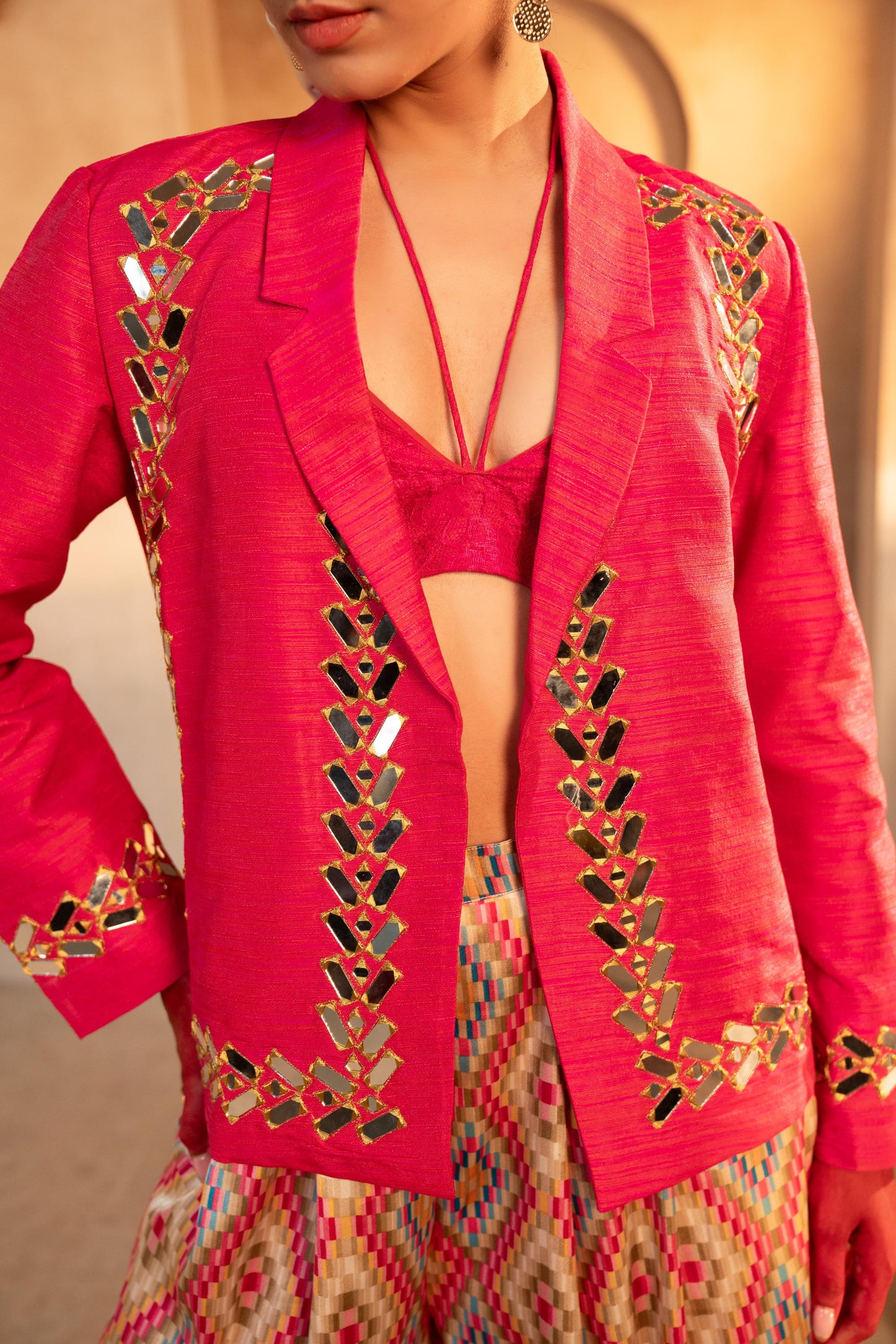 Tammanna - Pink Jacqard Silk Blazer Set