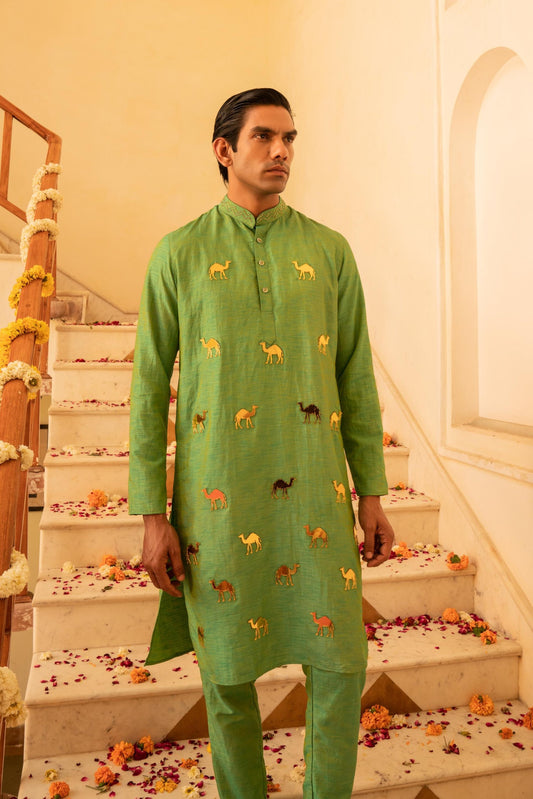 Opulent Avocado Green Crystal Mirror Kurta Set