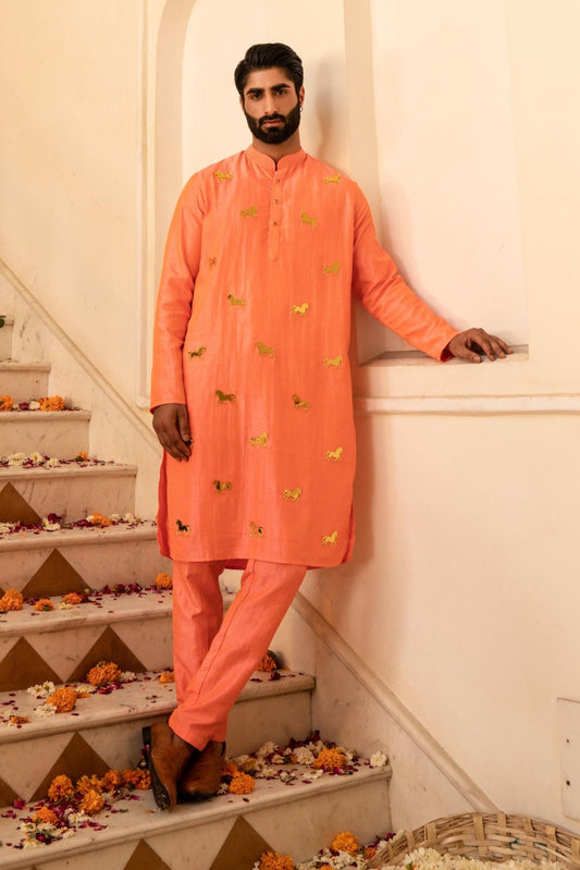 Vibrant Salmon Orange Crystal Mirror Kurta Set