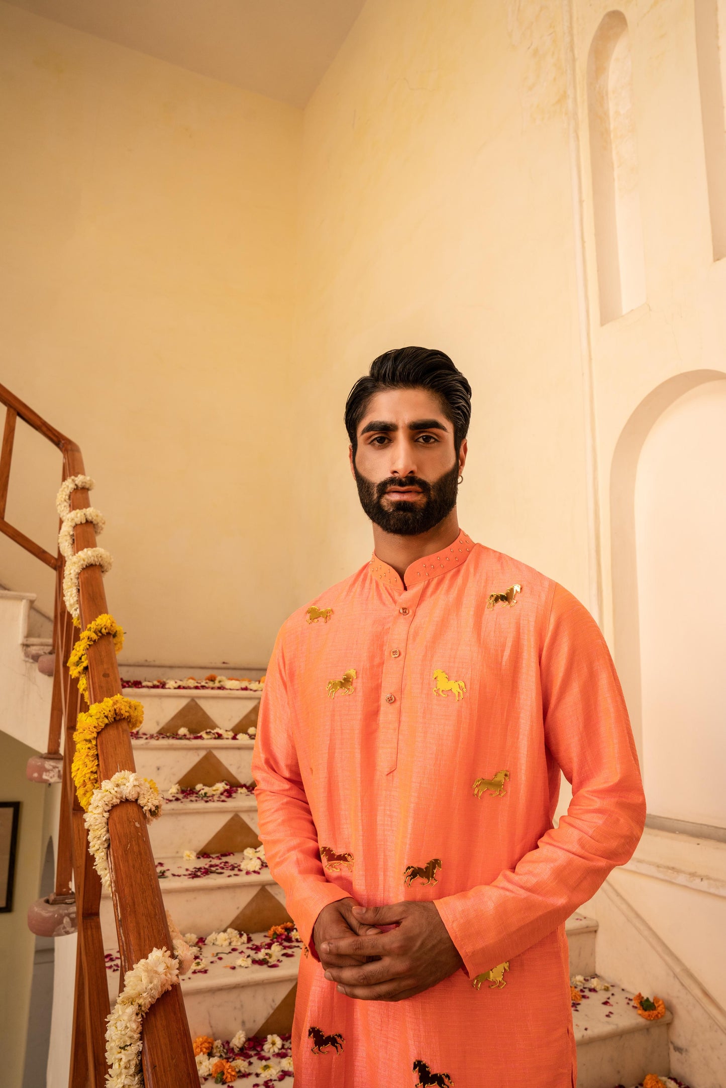 Vibrant Salmon Orange Crystal Mirror Kurta Set