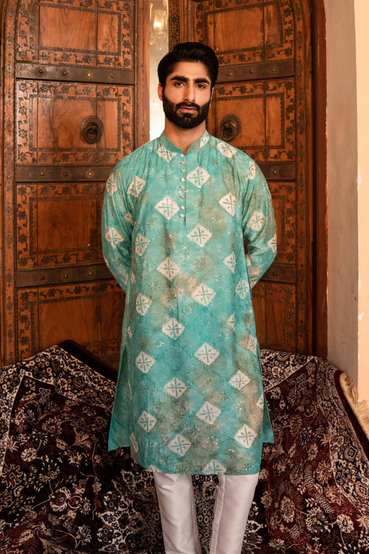 Serene Jade Blue Batik Kurta