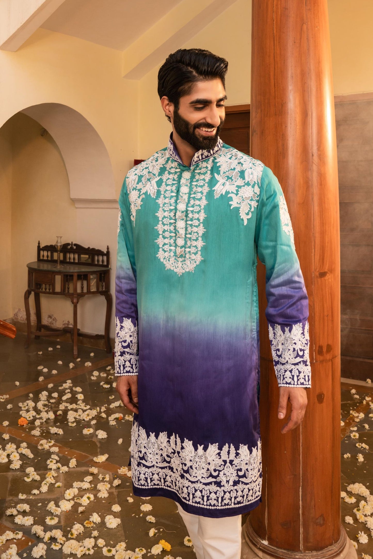 Striking Electric Blue Shaded White Embroidery Kurta