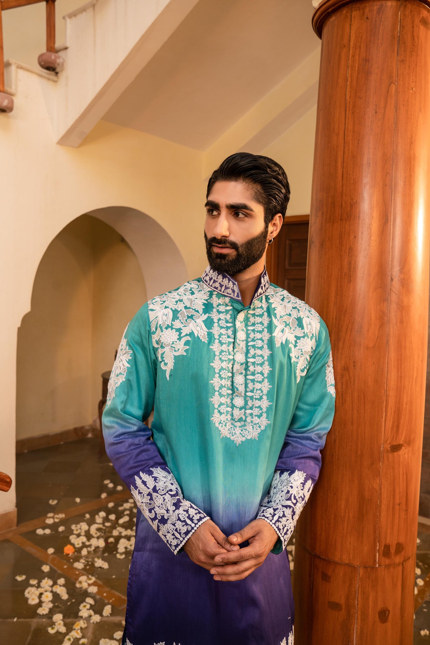 Striking Electric Blue Shaded White Embroidery Kurta