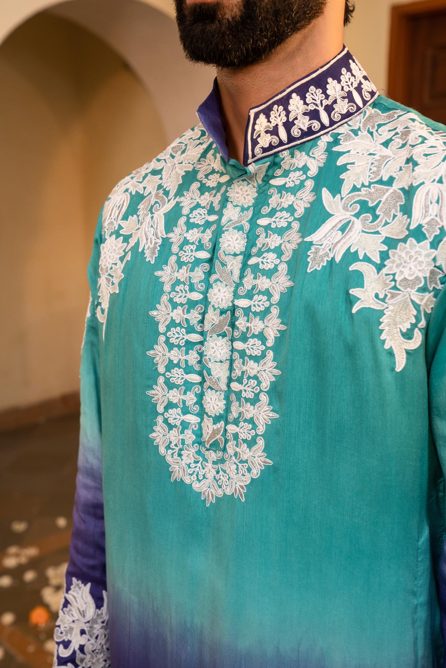 Striking Electric Blue Shaded White Embroidery Kurta