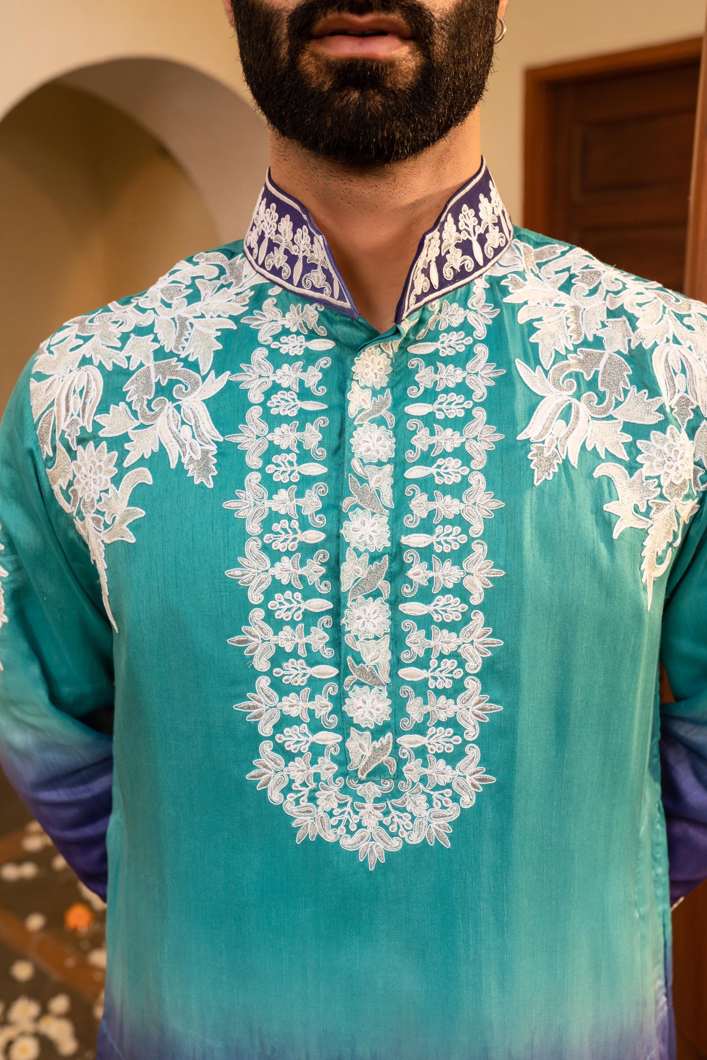 Striking Electric Blue Shaded White Embroidery Kurta