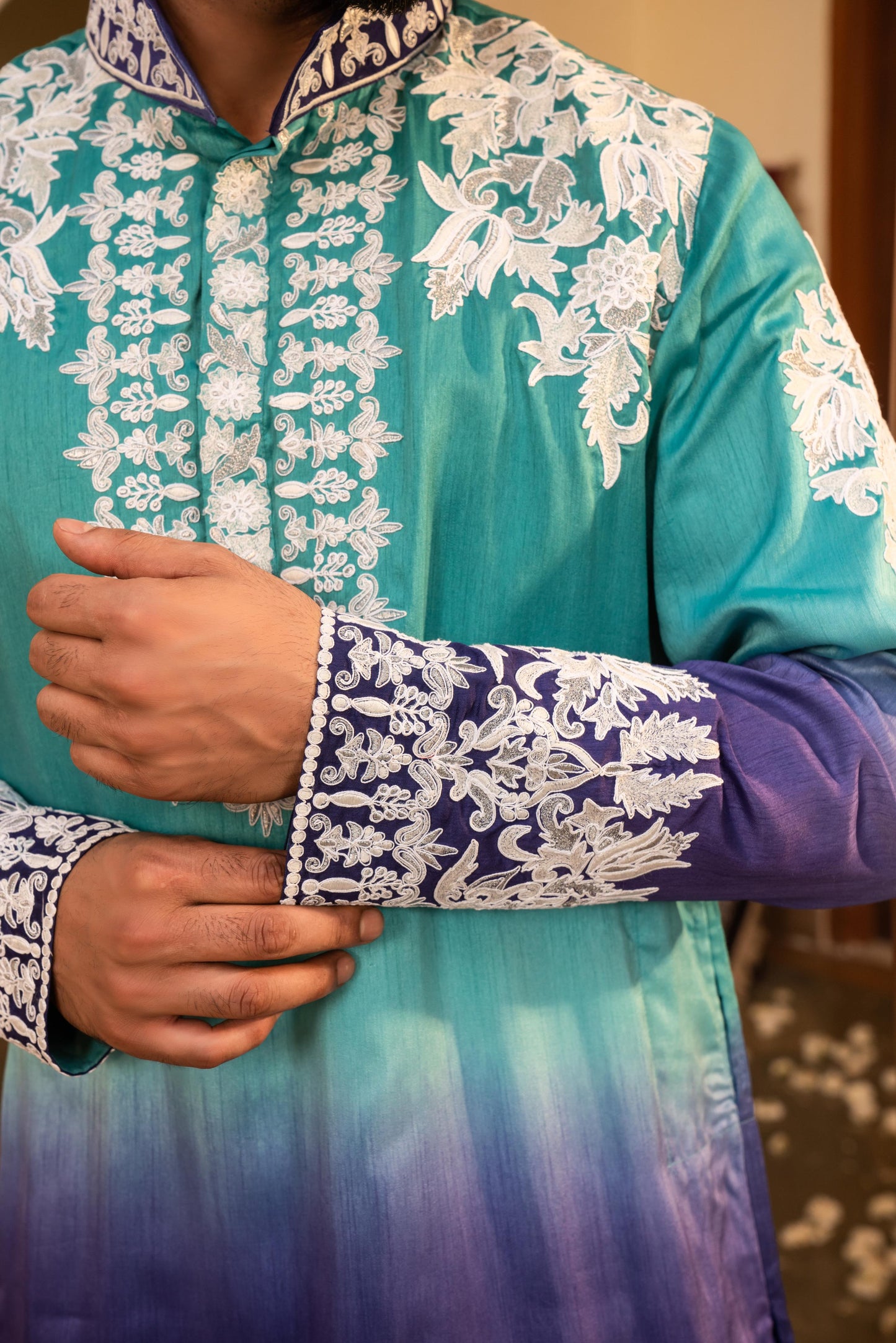 Striking Electric Blue Shaded White Embroidery Kurta