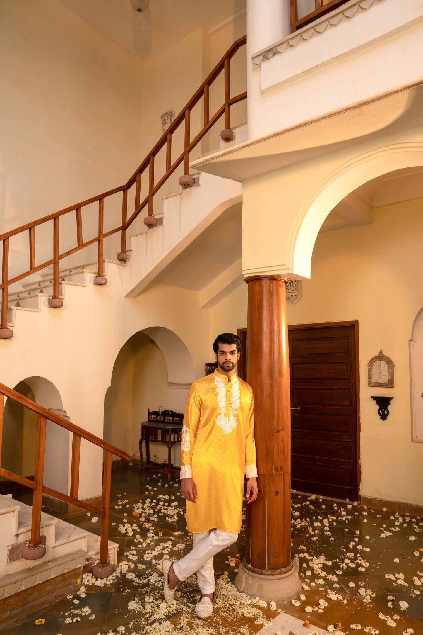 Radiant Jasmine Yellow Bandhani White Embroidery Kurta