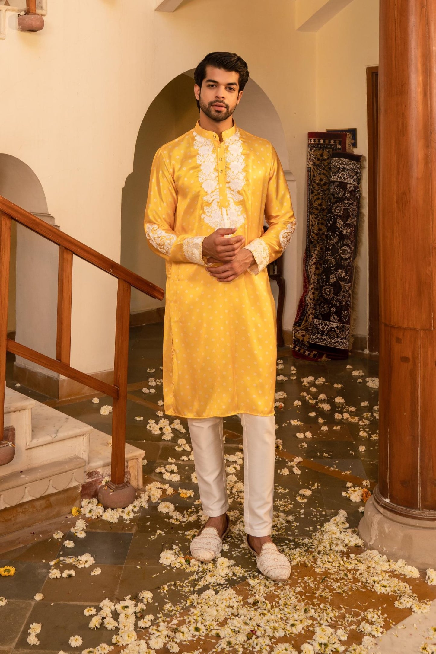 Radiant Jasmine Yellow Bandhani White Embroidery Kurta