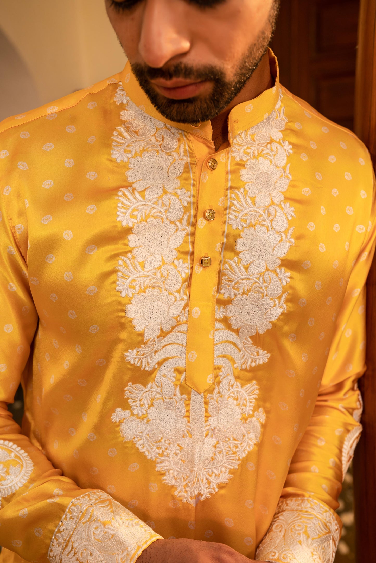 Radiant Jasmine Yellow Bandhani White Embroidery Kurta