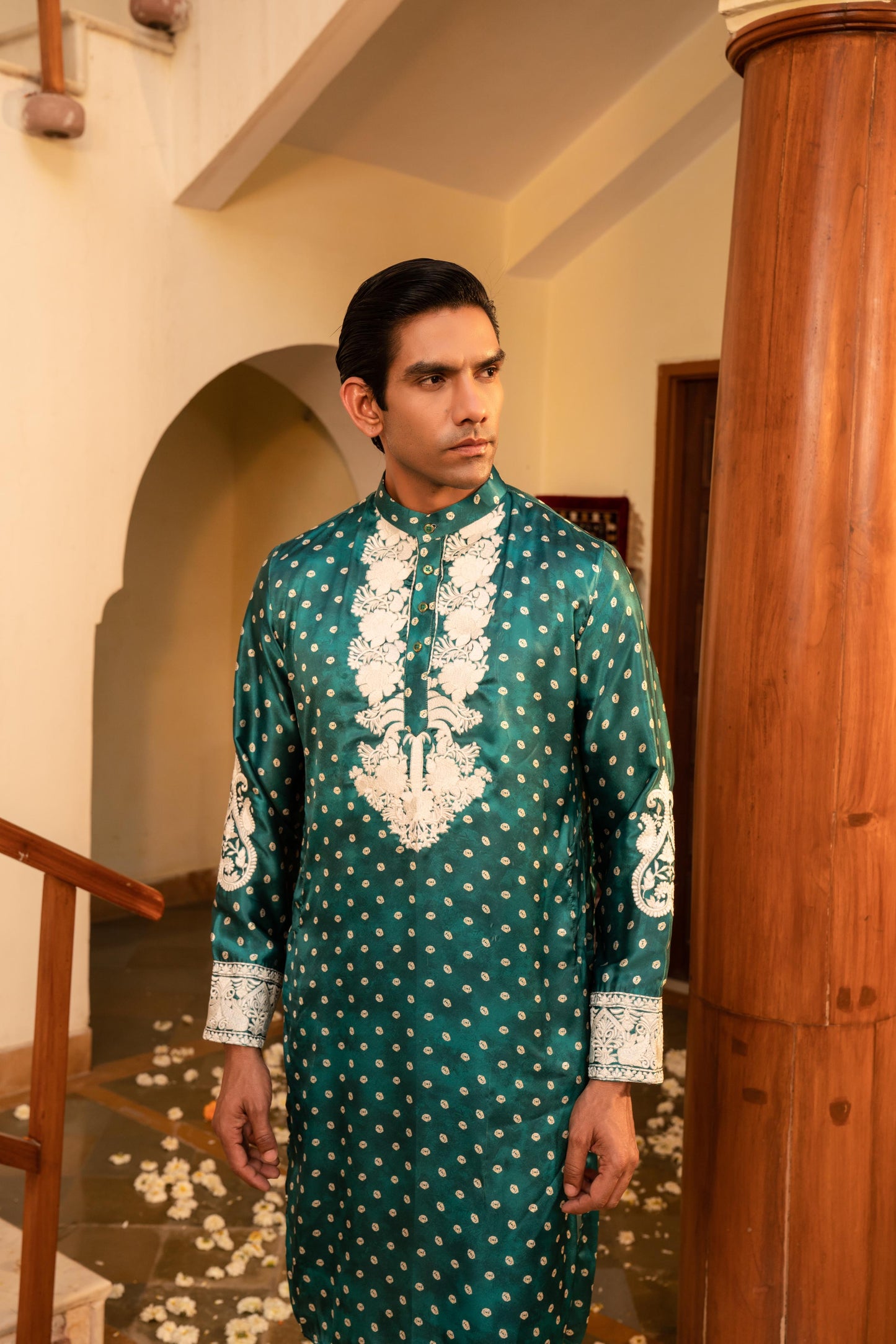 Fresh Spring Green Bandhani White Embroidery Kurta