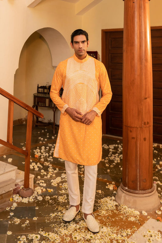 Brilliant Sun Yellow Bandhani White Embroidery Kurta