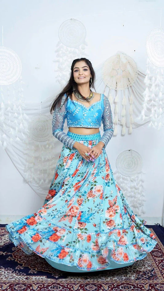 Blue Floral Lehenga Choli And Dupatta